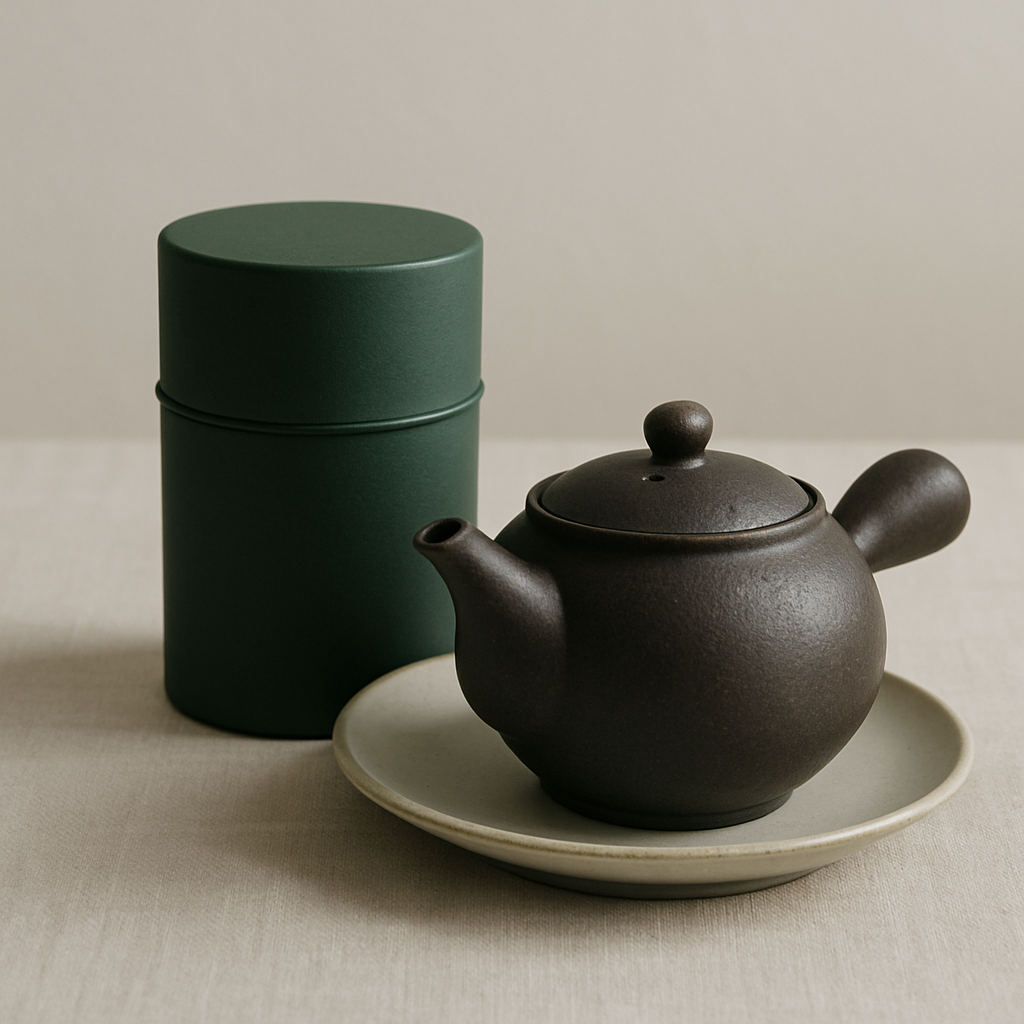 深緑の茶筒と急須が並ぶ上質なキッチン小物