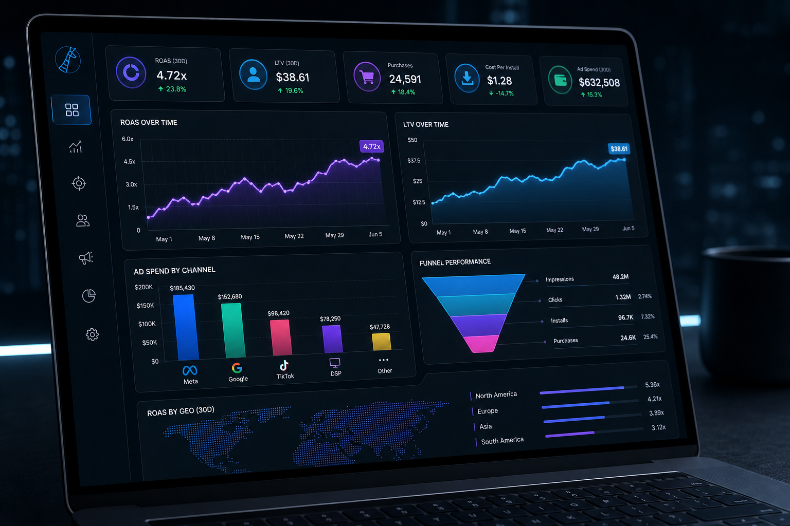 Futuristic analytics dashboard showing paid media spend, ROAS, and LTV growth curves