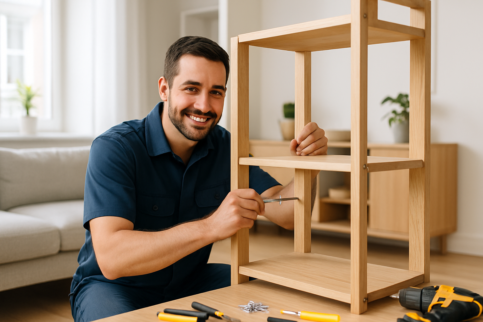 Friendly handyman in a navy work shirt assembling a wooden shelf in a bright living room