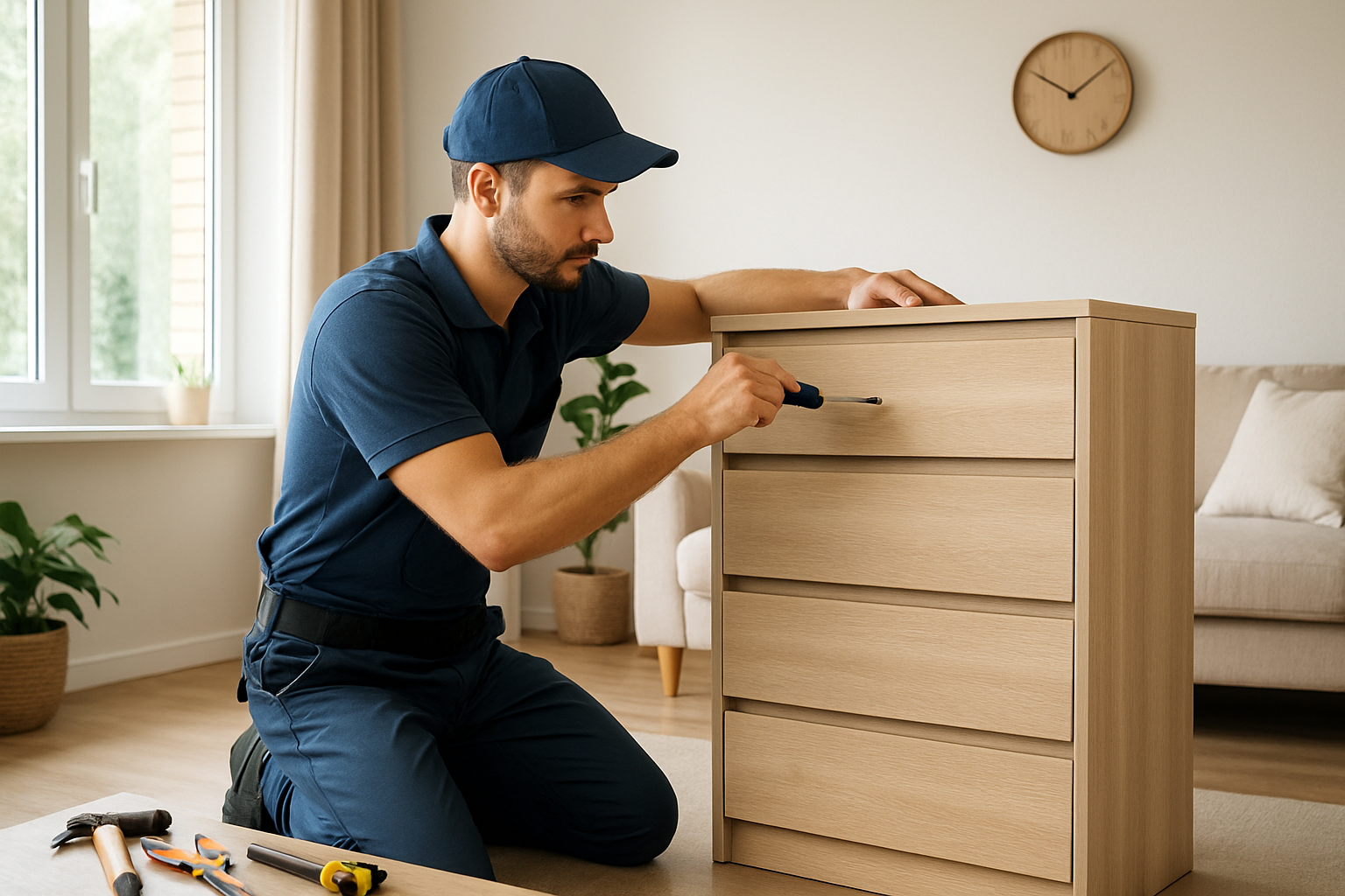 Professional handyman assembling a modern wooden dresser in a bright apartment living room