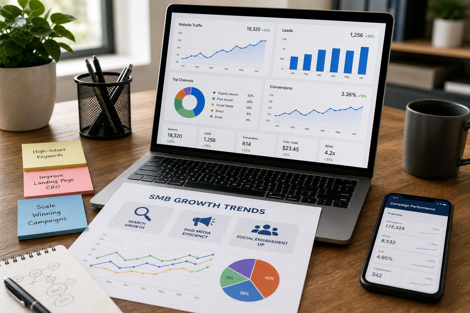 Digital marketing editorial thumbnail for article preview showing SMB growth trends dashboard and campaign notes