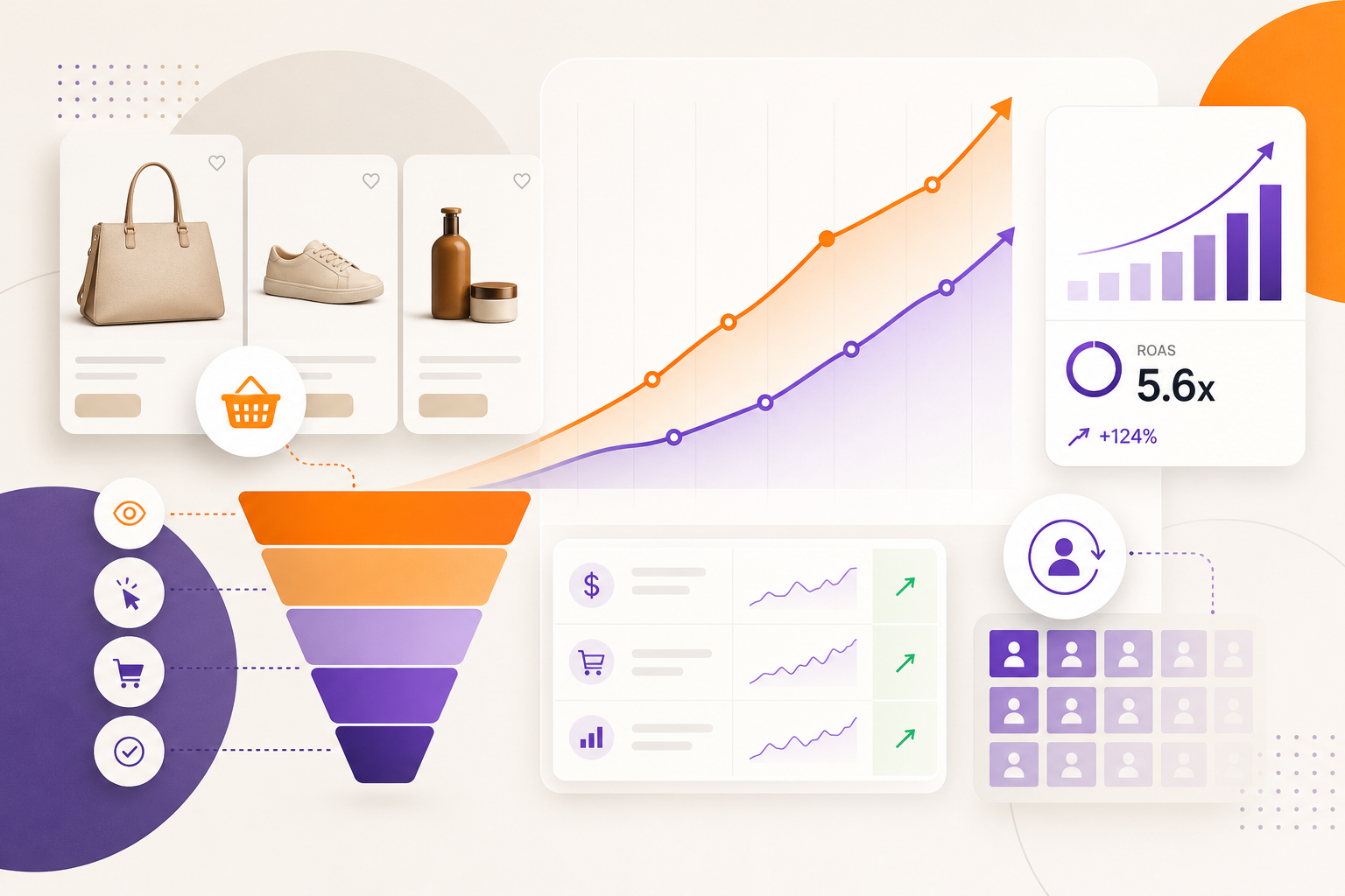 Abstract campaign growth case visual with product tiles, conversion funnels, and revenue trend overlays for an ecommerce performance campaign