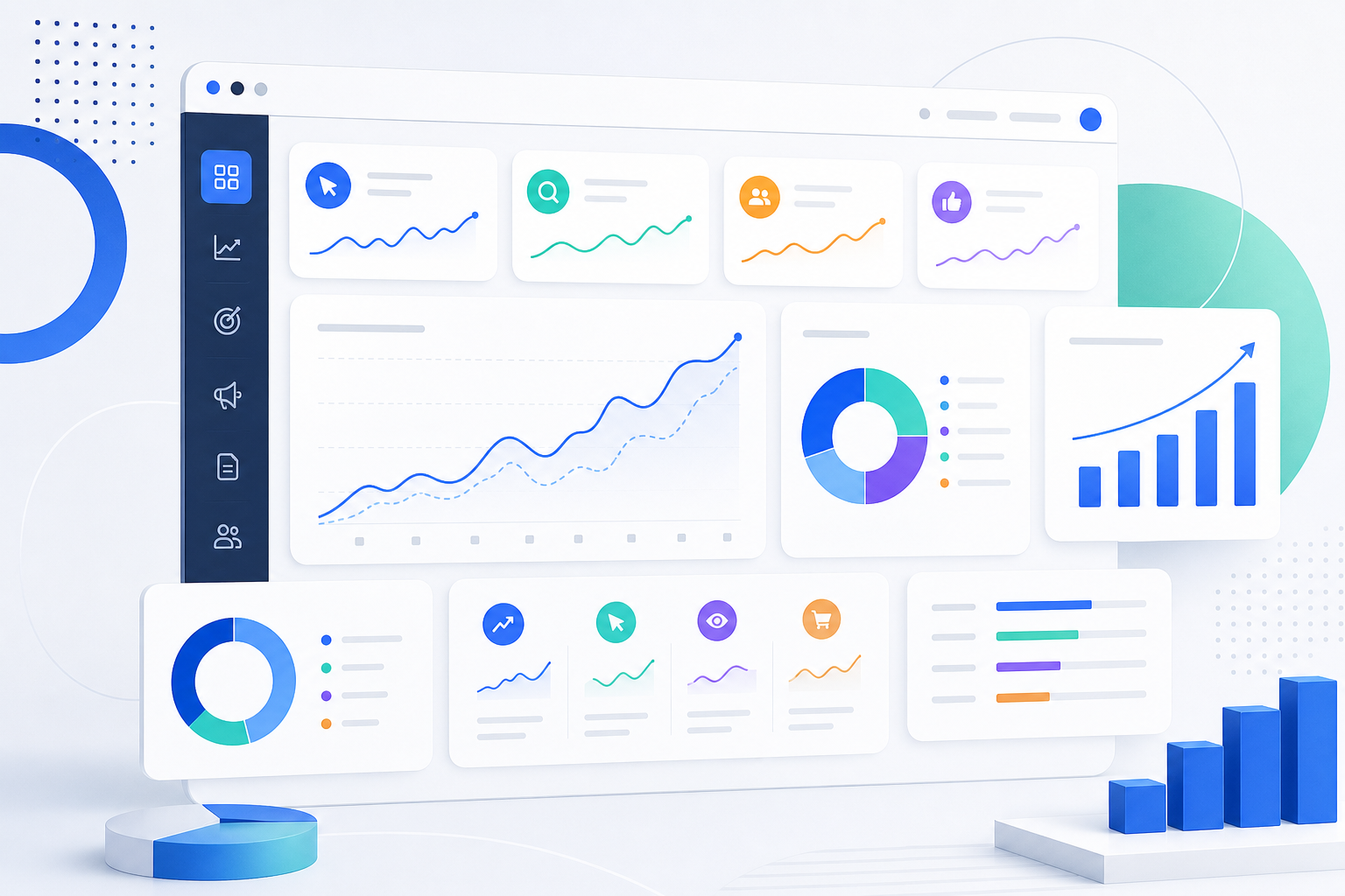 Abstract campaign analytics interface with charts, growth lines, and performance cards