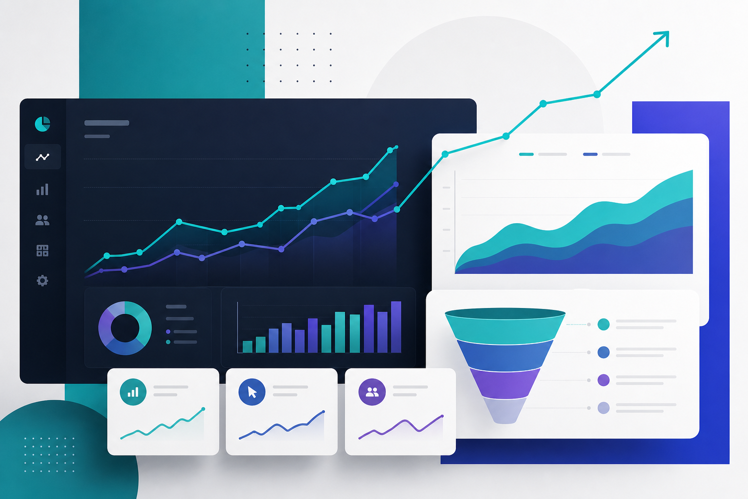 Abstract campaign growth case visual with layered analytics charts and upward trend lines for a B2B SaaS demand generation campaign