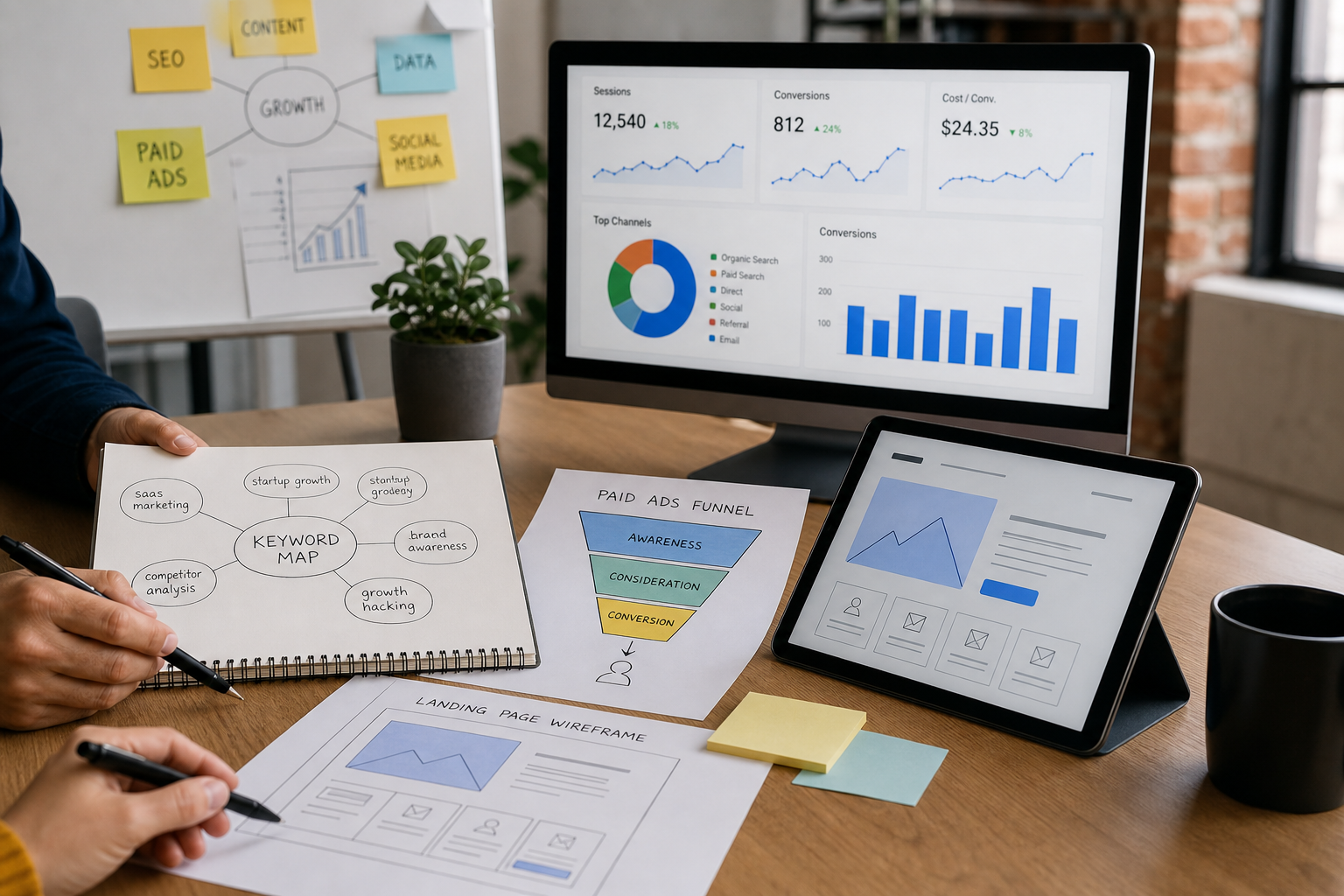 Digital marketing editorial thumbnail for article preview showing startup SEO and paid acquisition planning workspace