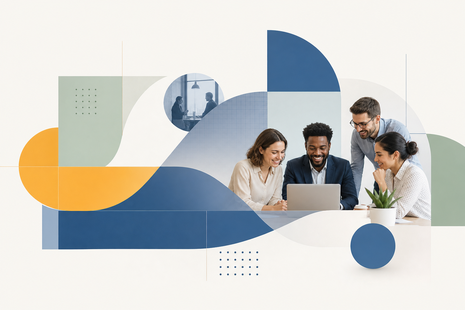 Abstract branded team visual with layered geometric shapes and soft gradients