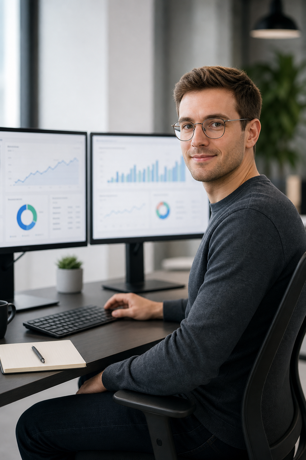 Team portrait placeholder of a performance marketing analyst at a workstation