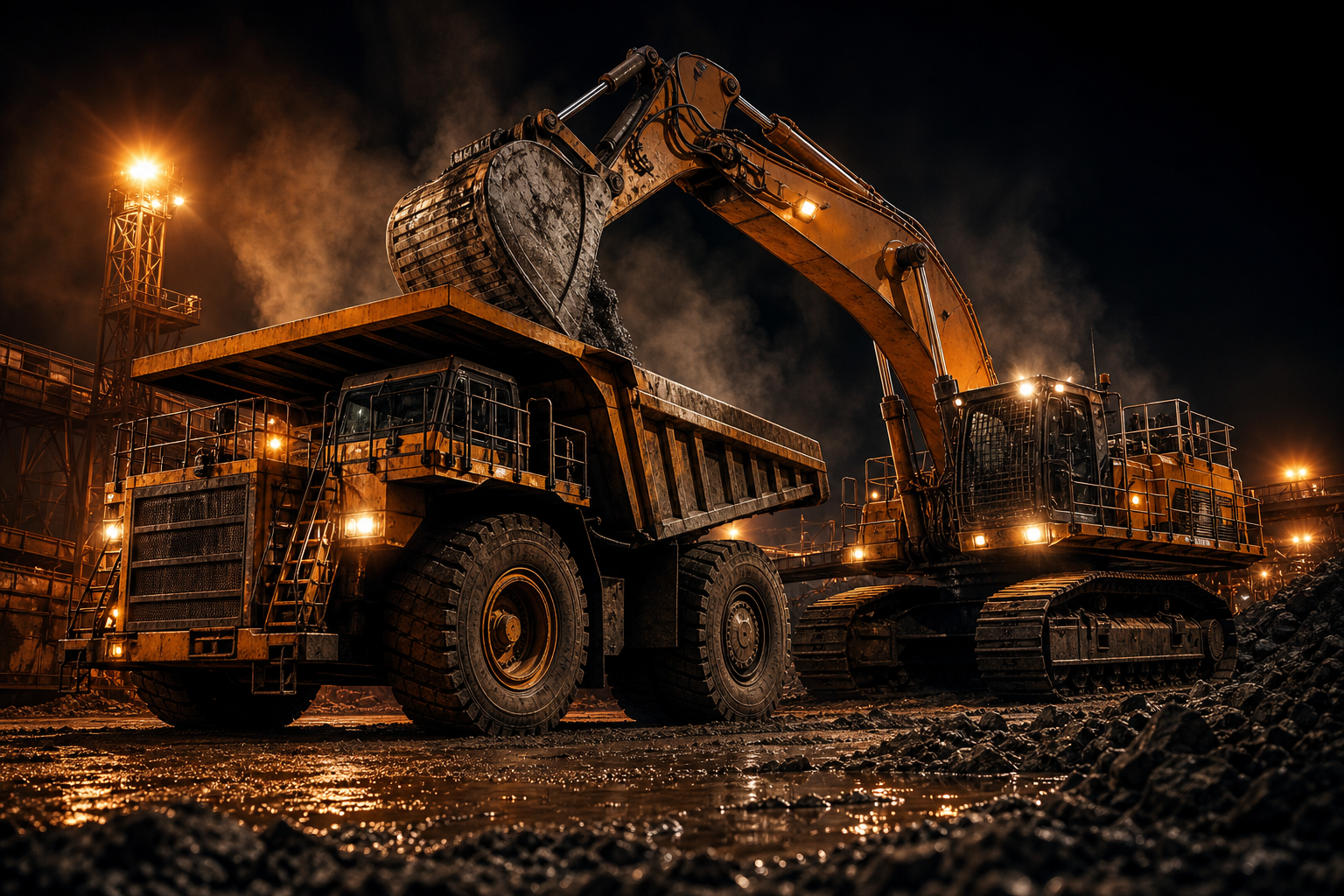 Low-angle view of a heavy-duty mining dump truck and excavator under industrial floodlights with rugged steel textures and dust in the air