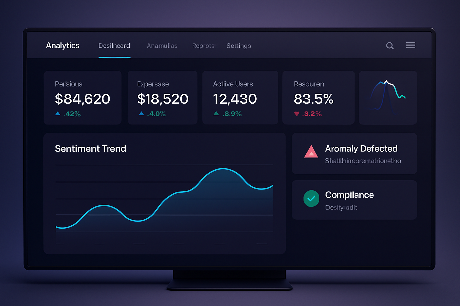 Live enterprise analytics dashboard with real-time KPI panels, sentiment trend graph, and security compliance indicators