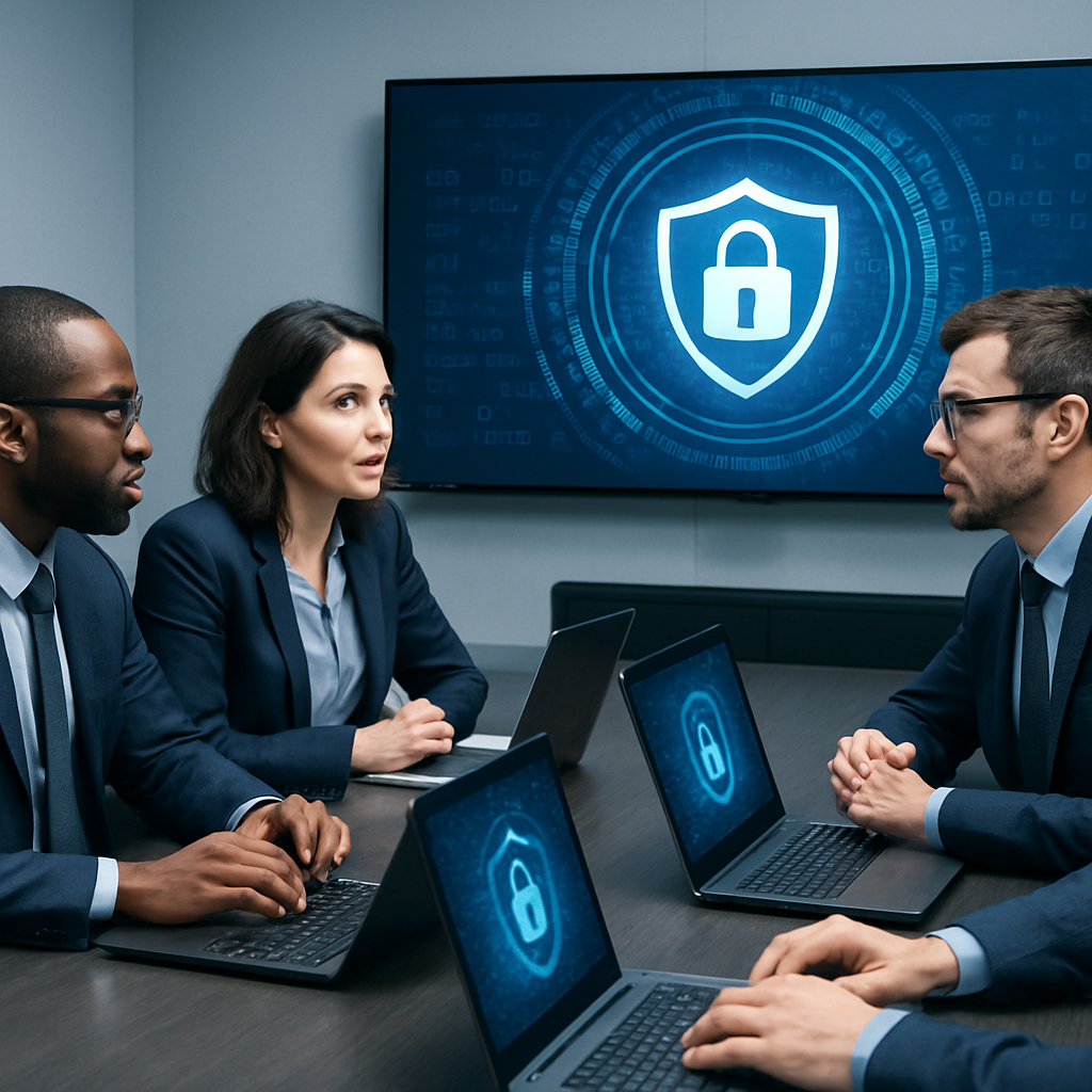 Cybersecurity experts collaborating in a meeting room