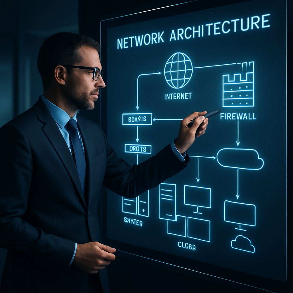 IT consultant designing network architecture on digital board