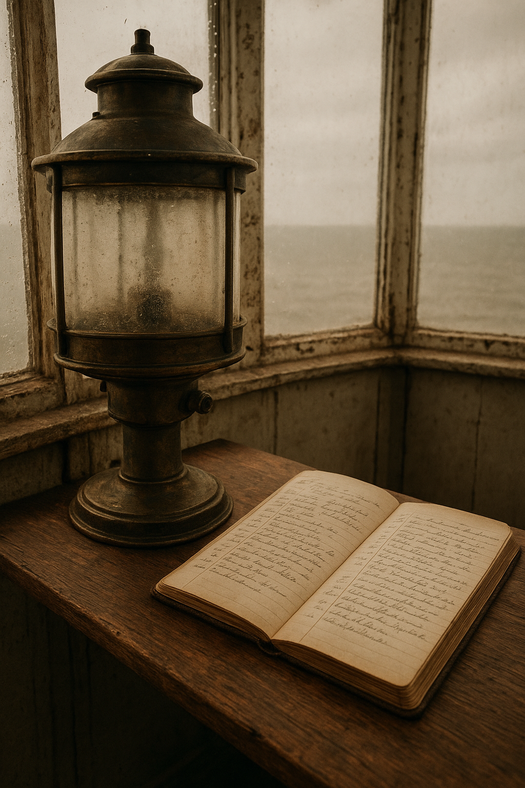 Close documentary view of weathered lighthouse lantern glass and brass fittings beside handwritten keeper log pages