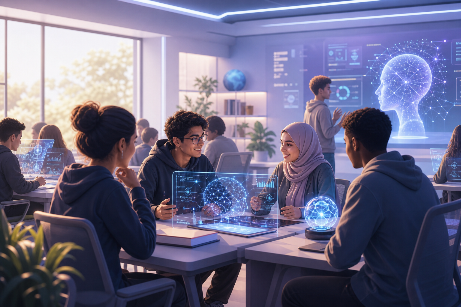 Stylized illustration of a modern classroom with diverse students collaborating around holographic AI interfaces and soft futuristic lighting