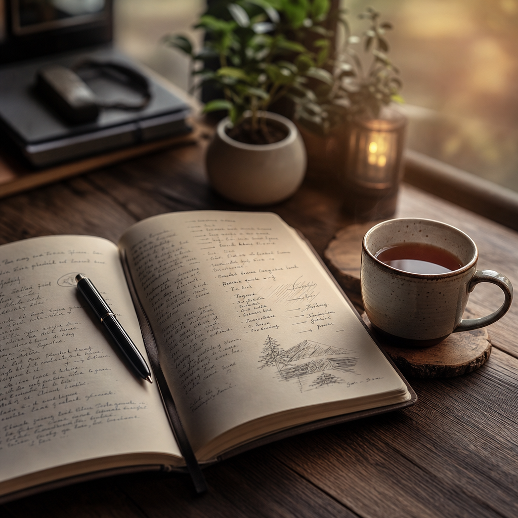 Open journal with handwritten notes beside a warm cup of tea, soft ambient light and calm atmosphere