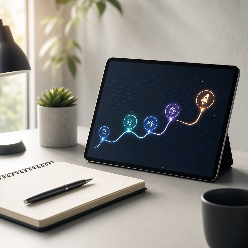 Minimalist workspace scene with a notebook, pen, and glowing startup roadmap diagram on a tablet
