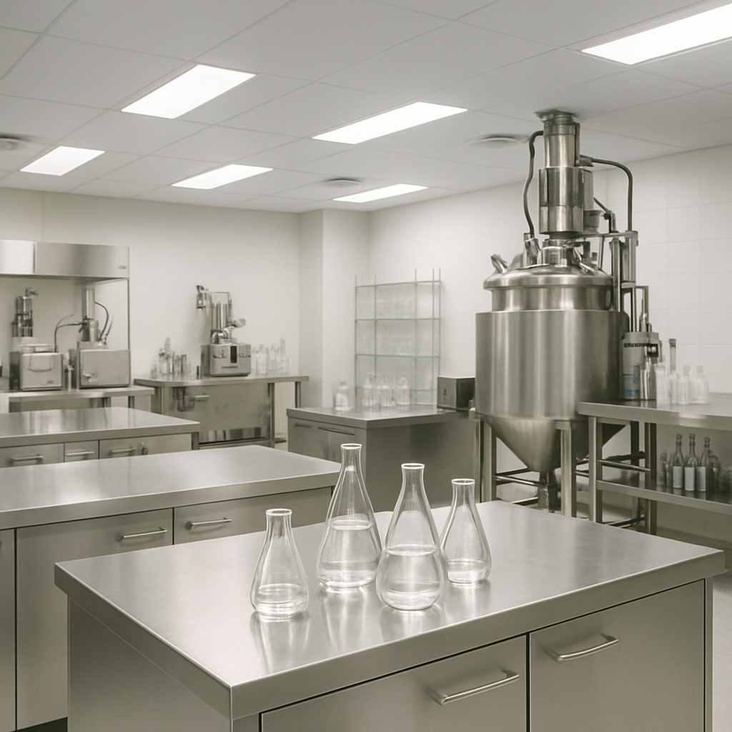 Modern cosmetics laboratory with clean stainless workstations, glass mixing vessels, and soft clinical lighting