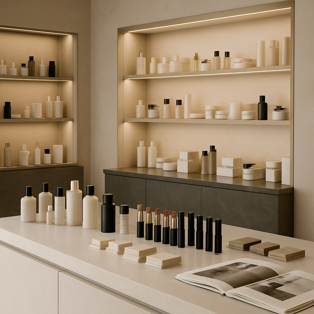 Luxury beauty retail environment with premium cosmetics arranged on marble counters and soft neutral lighting