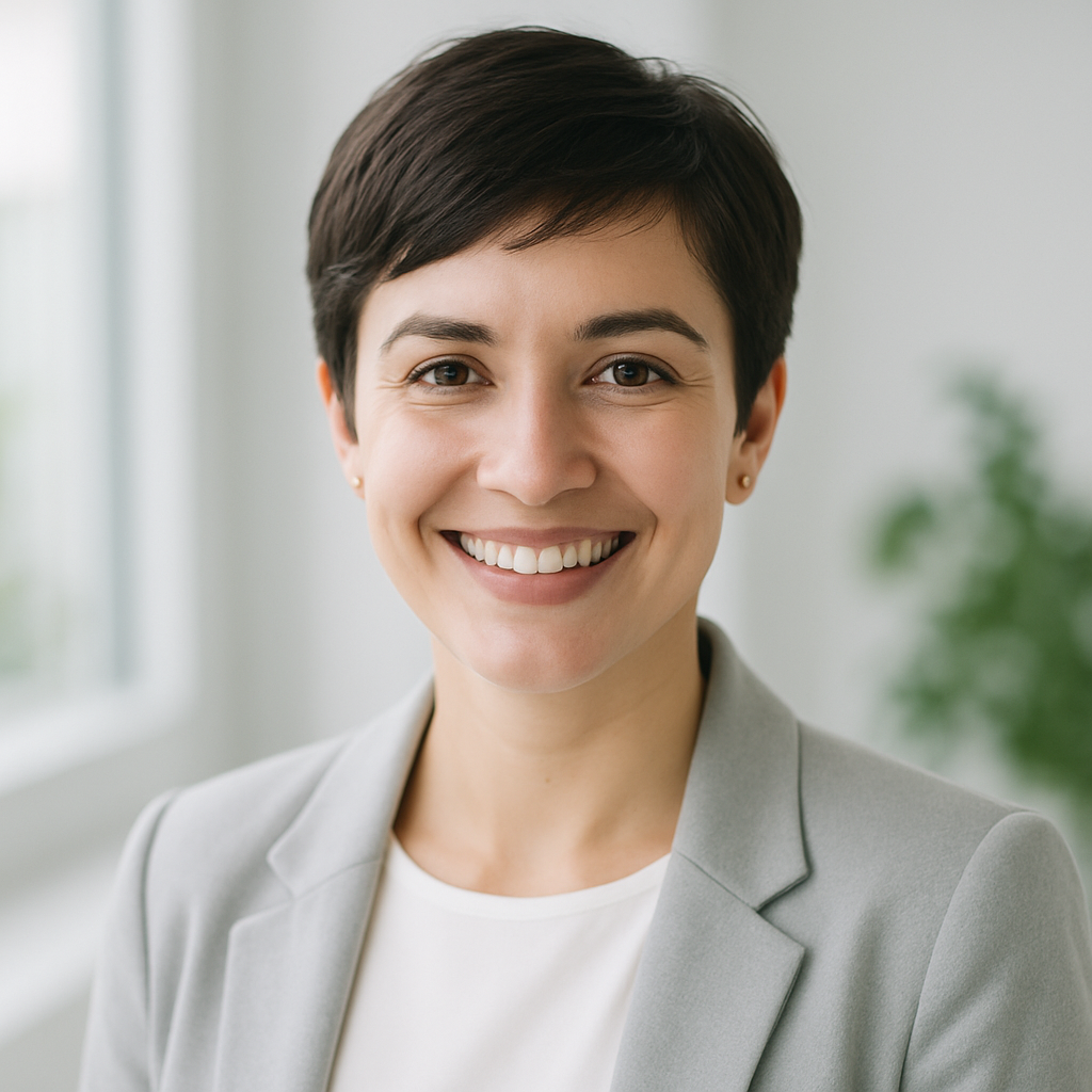 Smiling young woman with short dark hair