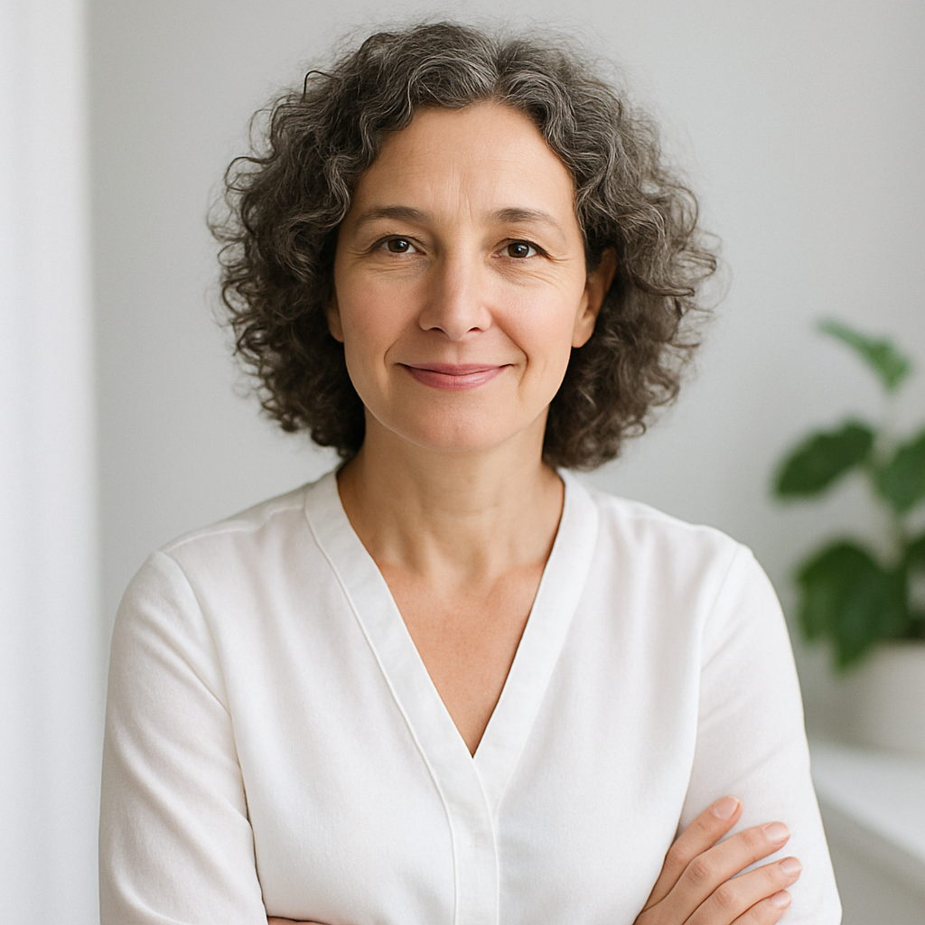 Middle-aged woman with curly hair