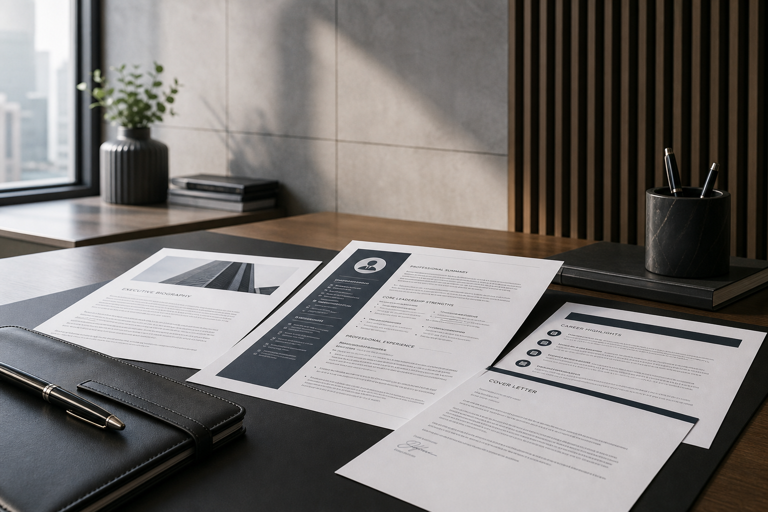 Refined executive-branding desk scene with premium printed resume documents, an executive biography draft, subtle architectural line accents, and a composed corporate office atmosphere