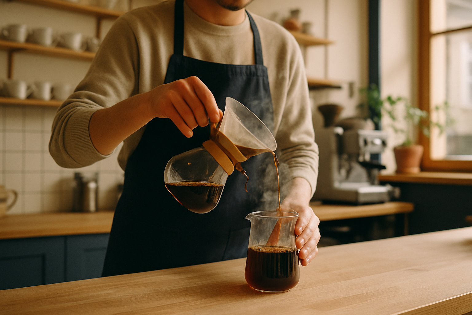 Barista pouring filter coffee in soft morning light