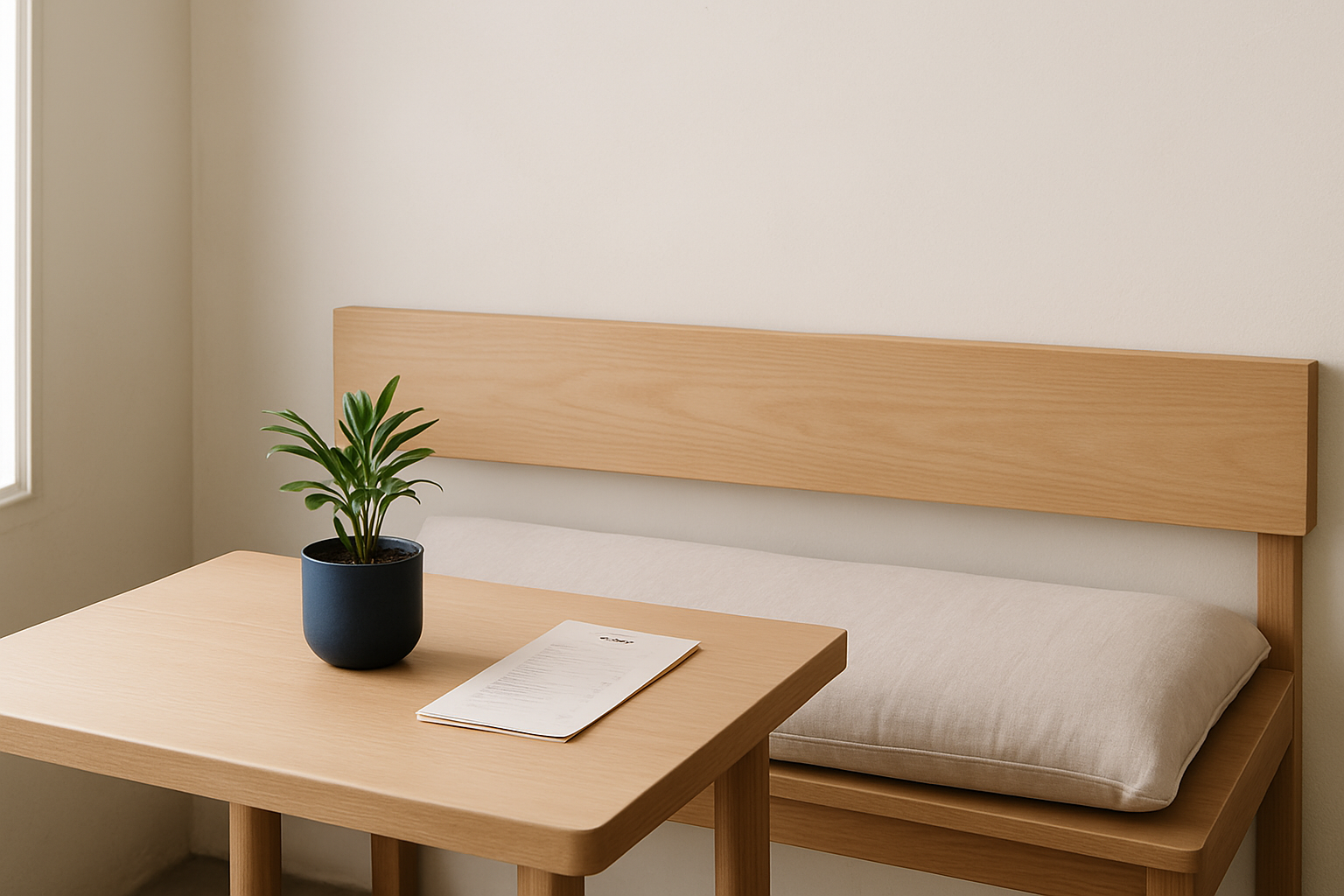 Cafe bench with linen cushion, plant, and folded menu