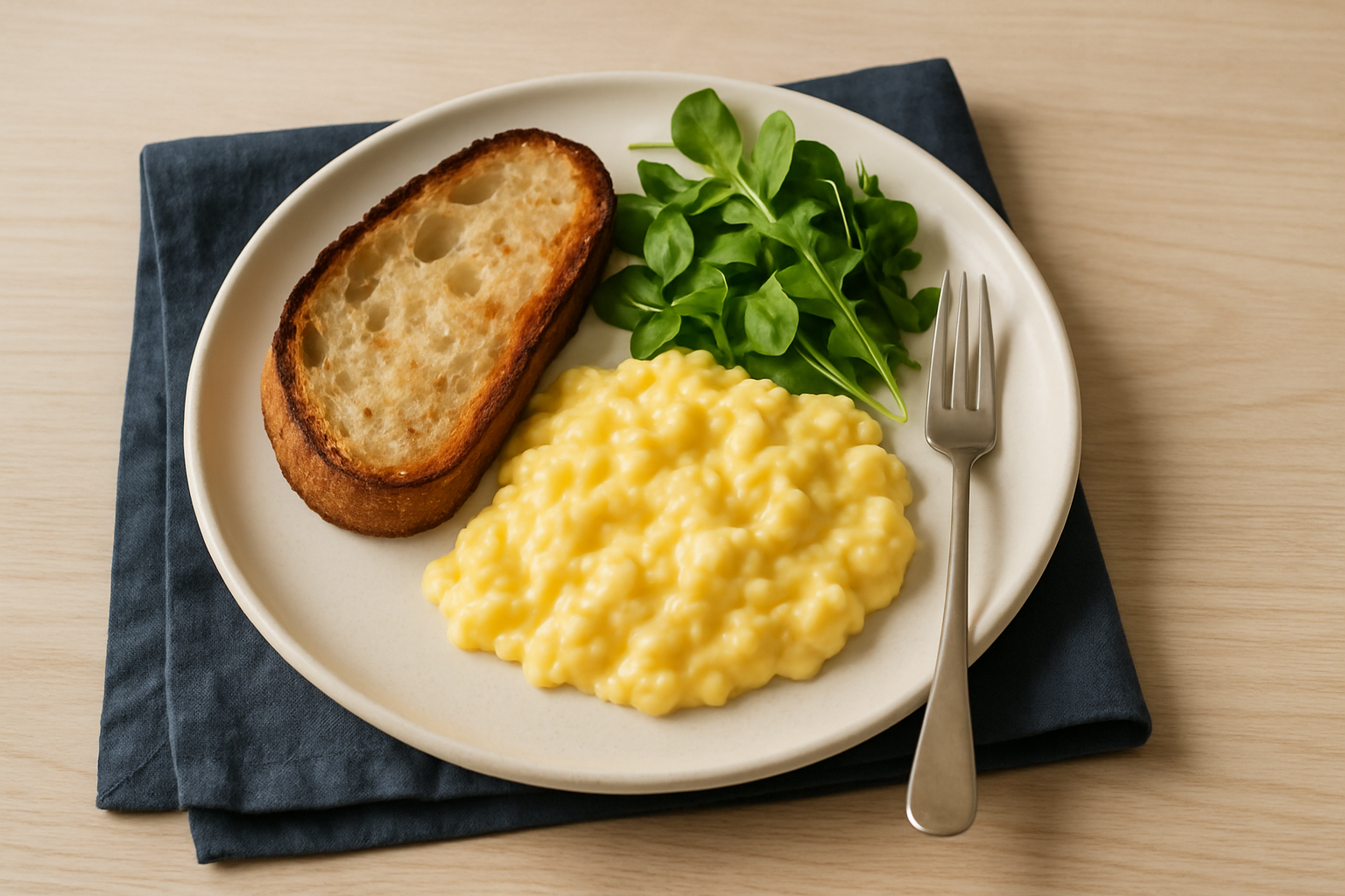 Breakfast plate with eggs, toast, and greens