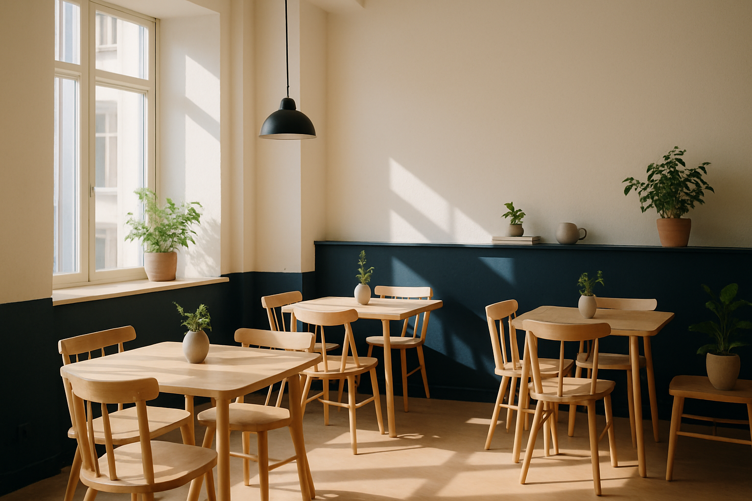 Cozy Scandinavian cafe interior with light wood seating, large windows, and natural morning light