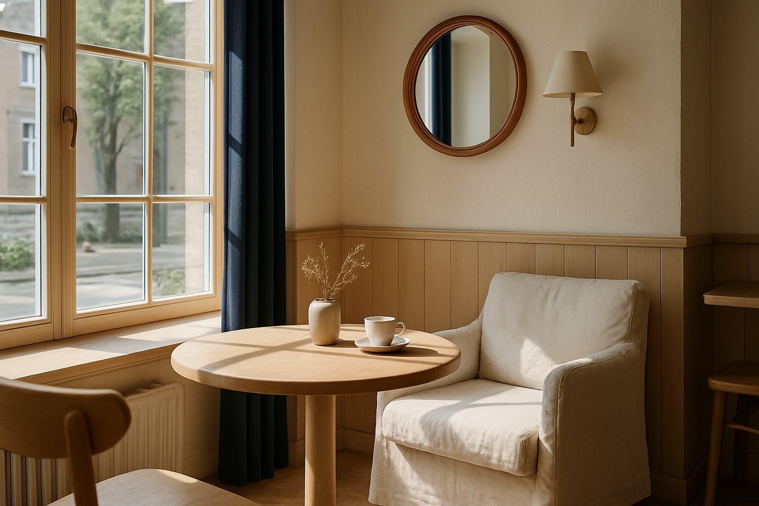 Sunlit cafe corner with a window seat and light wood table