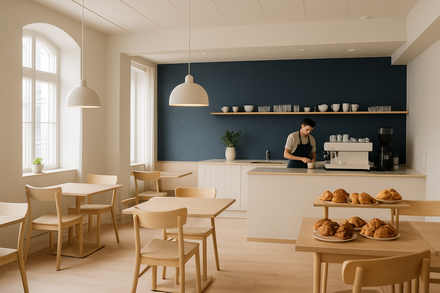 Inviting Scandinavian cafe interior with light wood tables, soft natural light, and a barista preparing coffee
