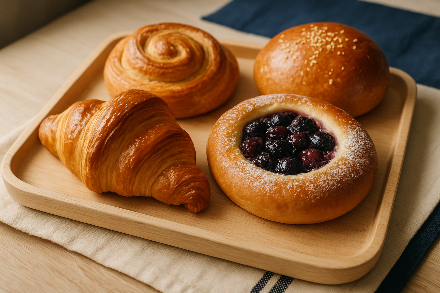 Assorted pastries on a light wood tray