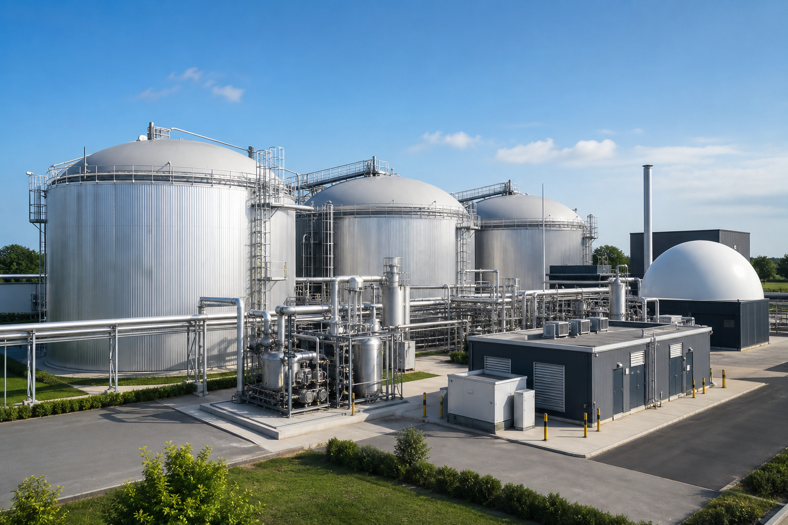 Modern anaerobic digestion facility with stainless steel digesters and pipework