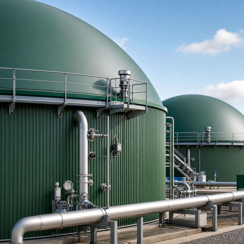 Close-up of anaerobic digestion infrastructure with large green digester tanks, safety railings, and engineered piping