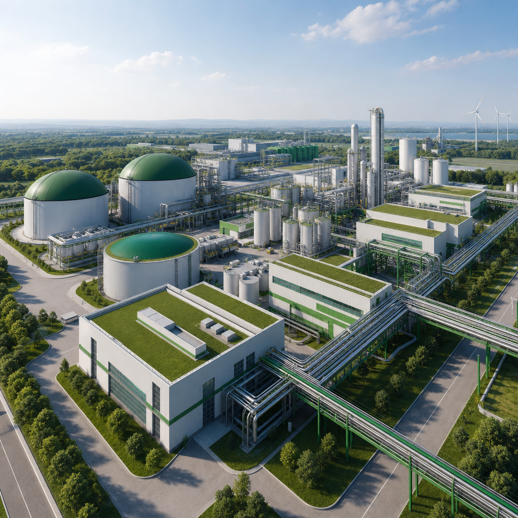 Integrated biorefinery campus with multiple processing units, green roofs, and connected pipe bridges