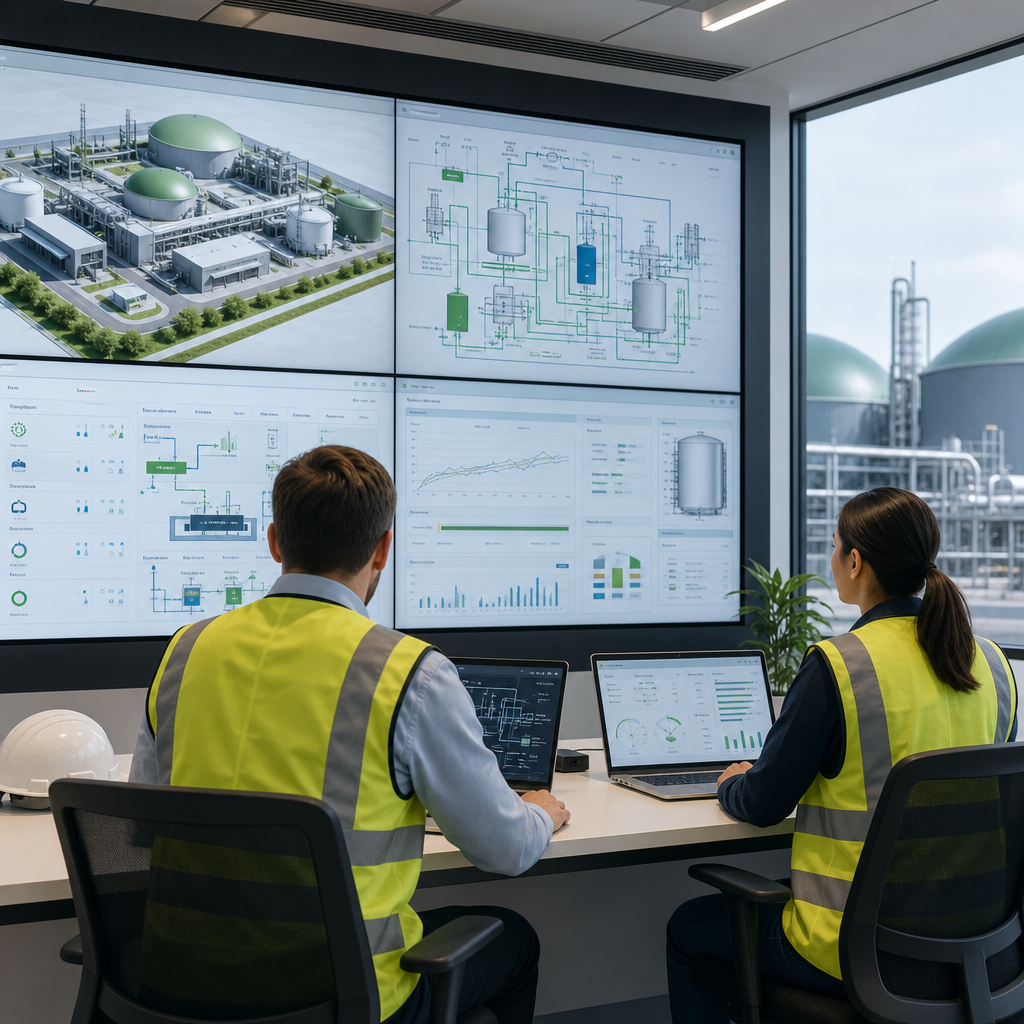 Engineering control room with operators reviewing digital plant schematics on large wall screens and laptops