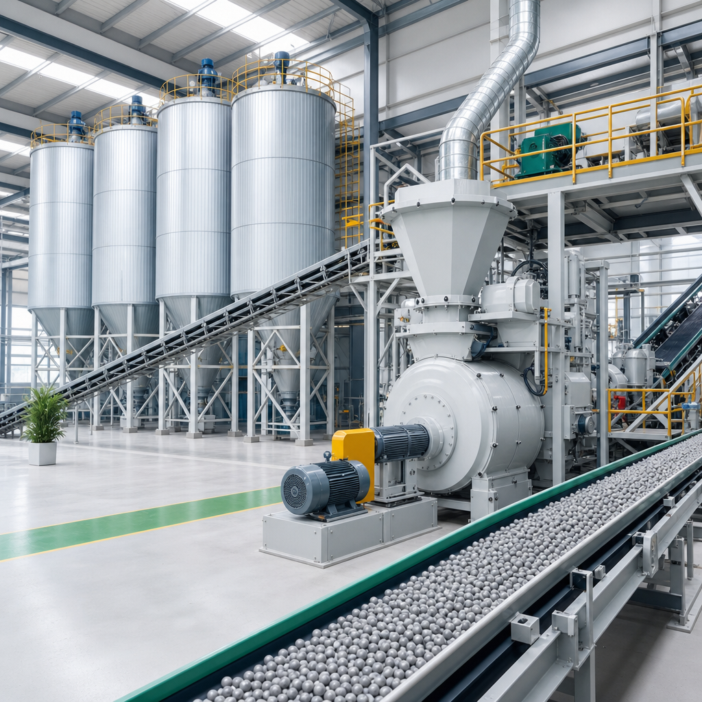 Fertilizer engineering system with pelletizing equipment, storage silos, and conveyor lines in a clean industrial facility