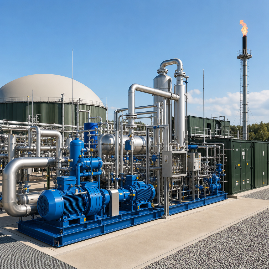 Renewable gas upgrading skid with blue compressors, stainless piping, and a flare stack at an industrial energy site