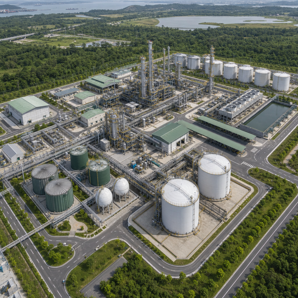 Aerial view of a sustainable aviation fuel plant layout with labeled process blocks, access roads, and storage tanks