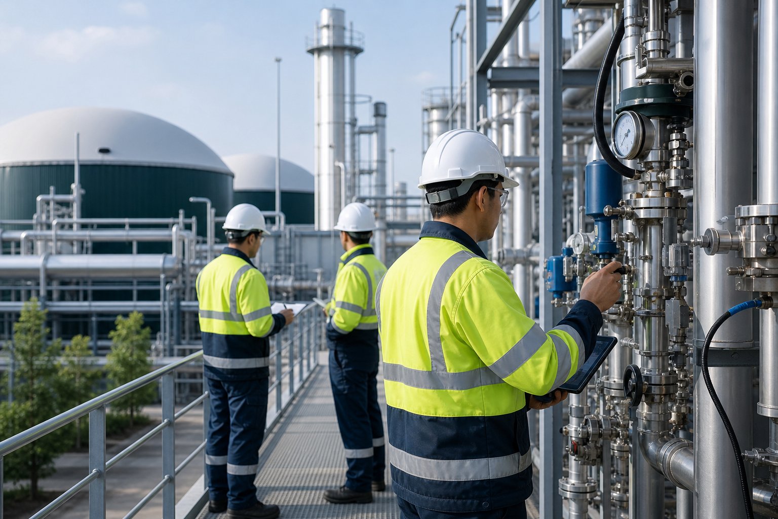 Engineering team in protective gear inspecting instrumentation and piping at an industrial biorefinery plant