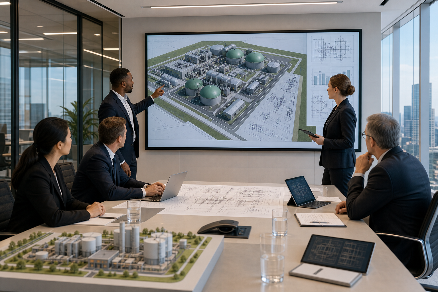 Senior executives in a glass-walled boardroom reviewing engineering plans on a large digital display