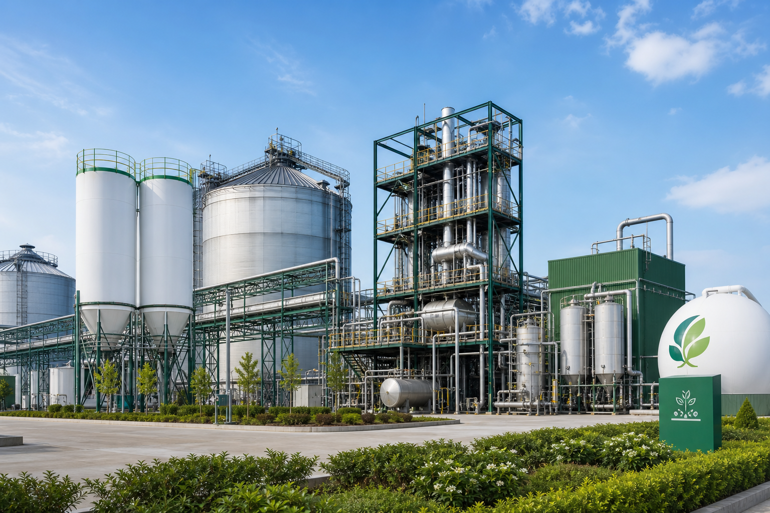 Fertilizer nutrient recovery plant with storage silos and processing equipment