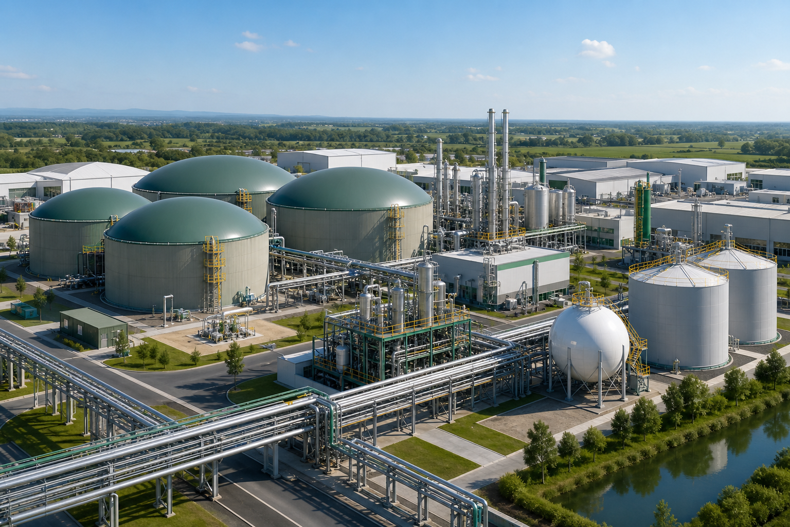Integrated biorefinery campus with digestion, upgrading, and product storage units