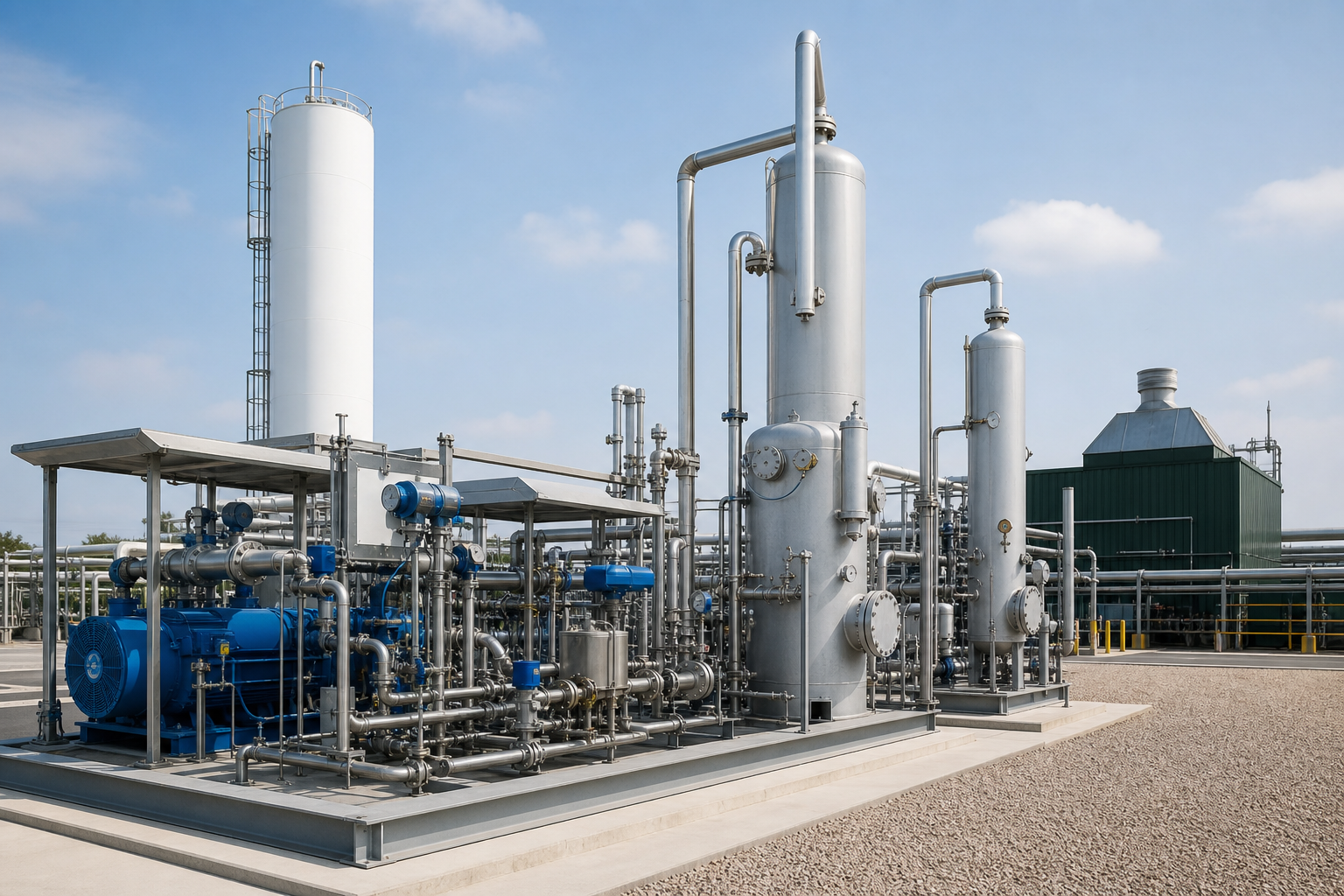 Pipeline-grade renewable gas upgrading equipment with control skids and compressors