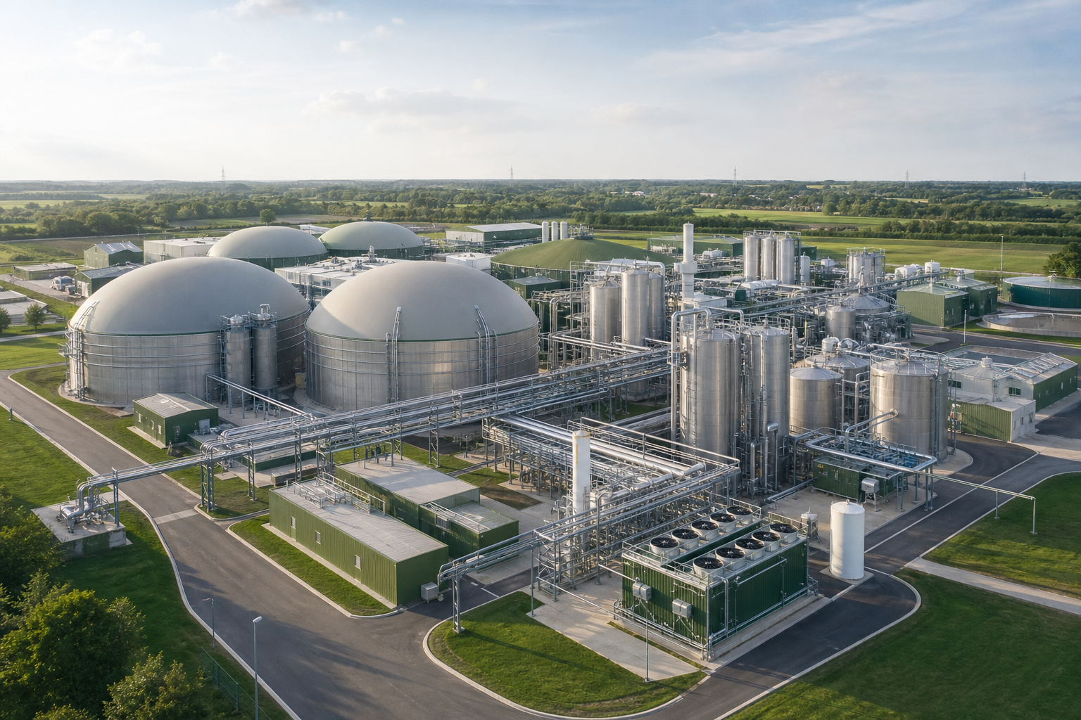 Aerial view of a large-scale renewable gas and anaerobic digestion facility with steel tanks, pipe networks, and service roads