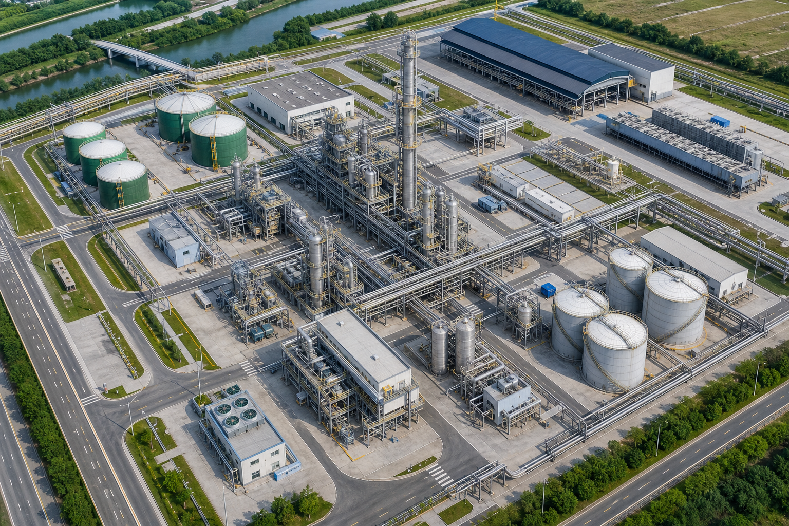 Aerial view of a sustainable aviation fuel plant layout with labeled process blocks