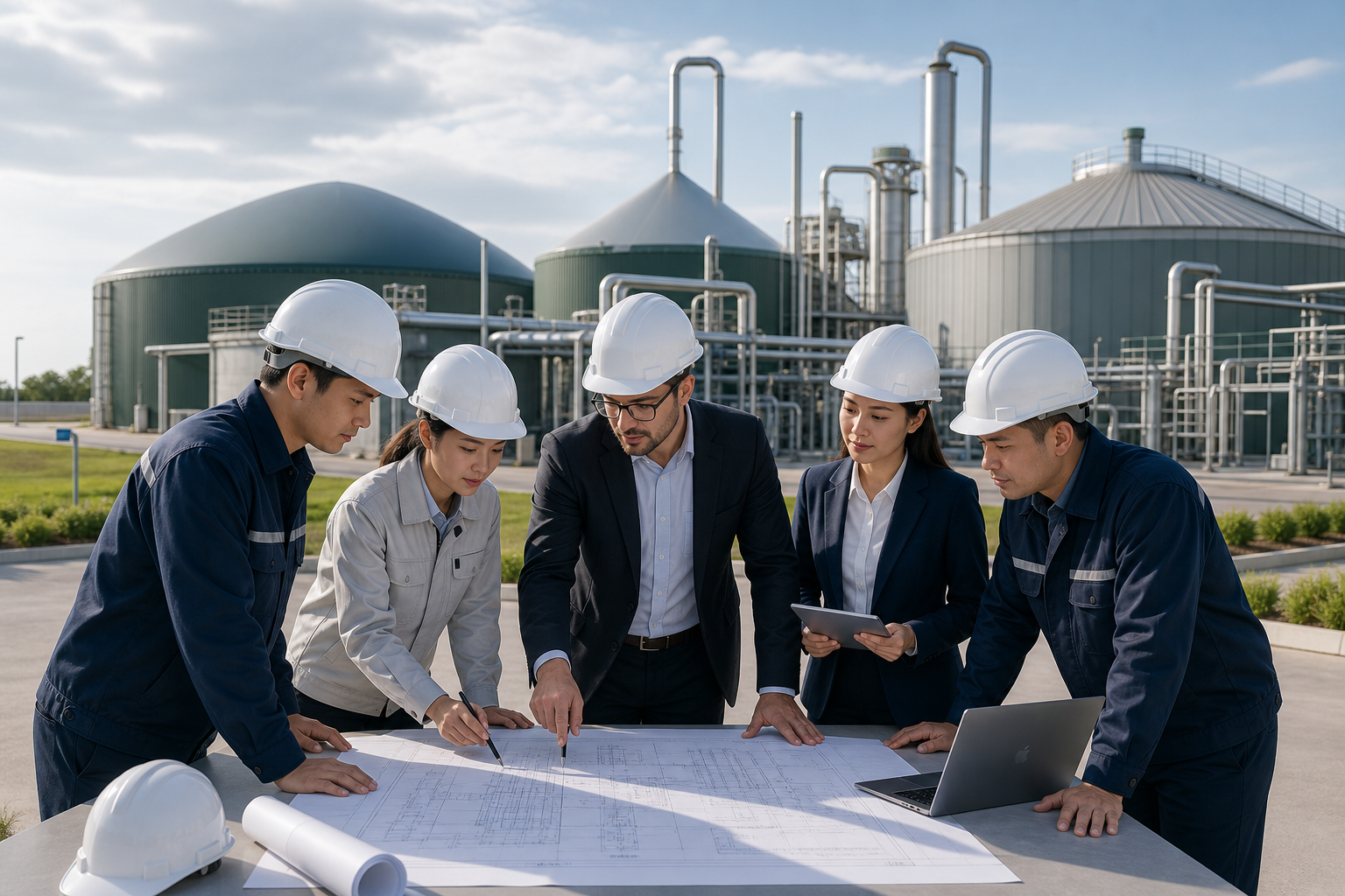 TKBioEng engineers and project leaders reviewing technical plans in front of a modern biogas infrastructure facility