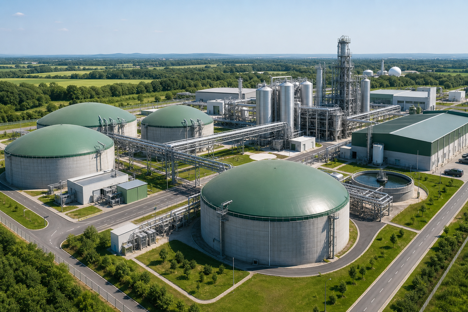 Aerial view of a modern anaerobic digestion and SAF biorefinery facility with circular digesters, stainless processing units, and pipeline networks
