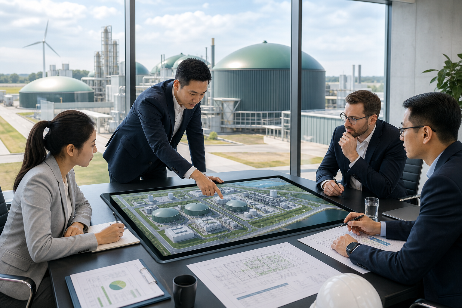 Investor-ready engineering team reviewing a biogas plant layout with modern renewable energy infrastructure in the background