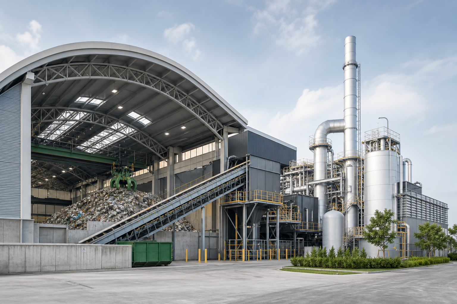 Waste-to-energy processing facility with conveyors, sorting hall, and energy recovery units