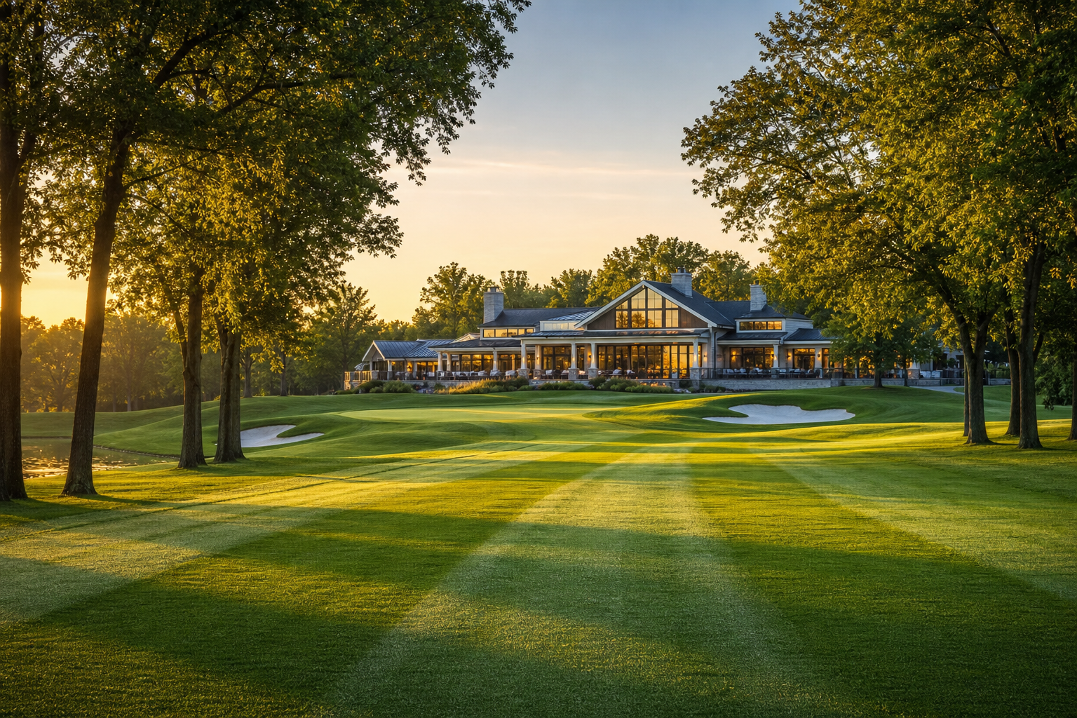 Wide view of Aurora Golf Club’s manicured fairway leading toward a modern clubhouse in Westfield, Indiana at golden hour